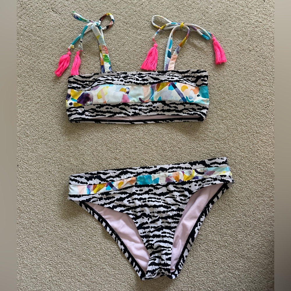 Girls Black & White Zebra Print Bikini with Multicolor Accents
